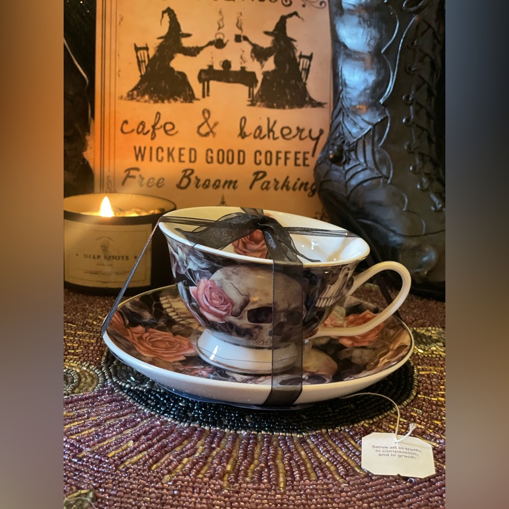 PARK CHATEAU NEW Gothic Skull Floral Roses Teacup And Saucer Set